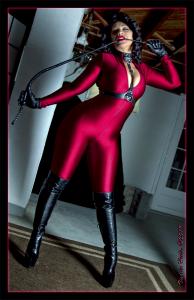 www.tiedinheels.com - Enchantress Sahrye...Red Spandex Catsuit and SEXY OTK Boots!  thumbnail