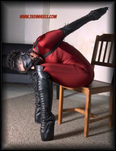 www.tiedinheels.com - Calisa Bliss Spandex Catsuit, Leather Armbinder and Hoof Boots! Pt-1 thumbnail