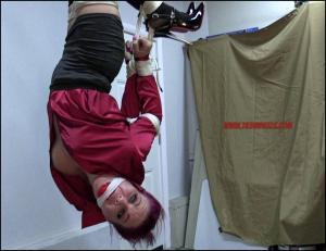 www.tiedinheels.com - Sarah Brooke Upside Down Hogtie in the Bindery Cell! thumbnail